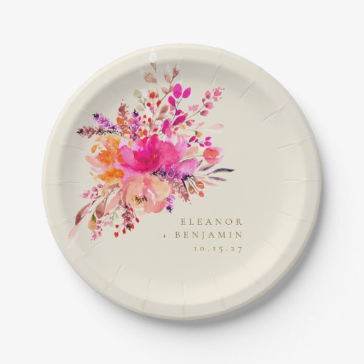 Elegant Chic Pink Watercolor Floral Wedding Custom Paper Plates | Zazzle
