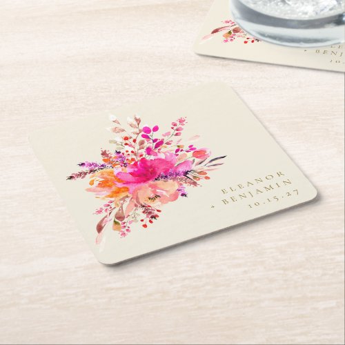 Elegant Chic Pink Watercolor Floral Wedding Custom Square Paper Coaster