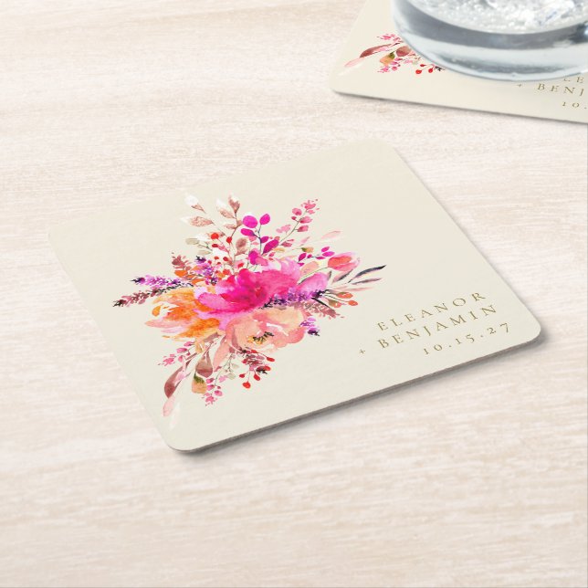 Elegant Chic Pink Watercolor Floral Wedding Custom Square Paper Coaster (Angled)