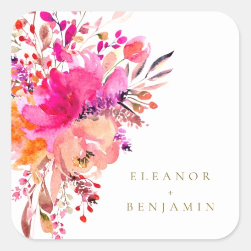 Elegant Chic Pink Watercolor Floral Wedding Custom Square Sticker