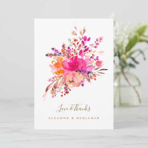 Elegant Chic Pink Watercolor Floral Wedding Photo Thank You Card