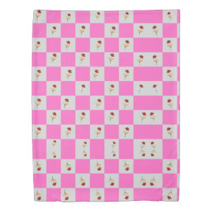 Elegant Chic Pink &White Plaid With Flower Duvet  Cover