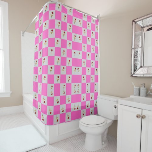 Elegant Chic Pink White Plaid With Flower Shower  Shower Curtain