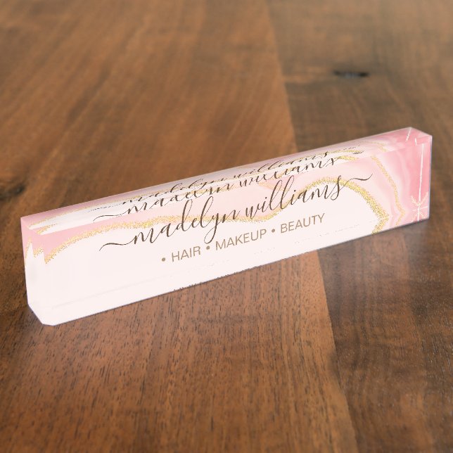 Elegant Chic Professional Pink Gold Marble Agate Desk Name Plate (Side)