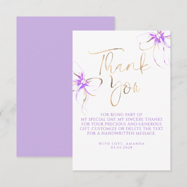Elegant Chic Purple Bow Bridal Shower Thank You Card (Front/Back)