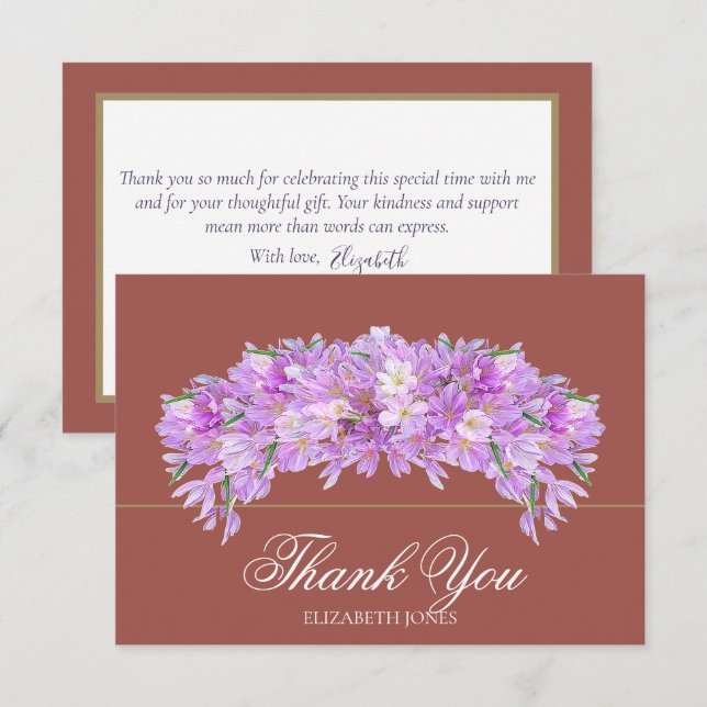 Elegant Chic Purple Crocus Bridal Shower Thank You Card (Front/Back)