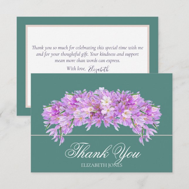 Elegant Chic Purple Crocus Bridal Shower Thank You Card (Front/Back)