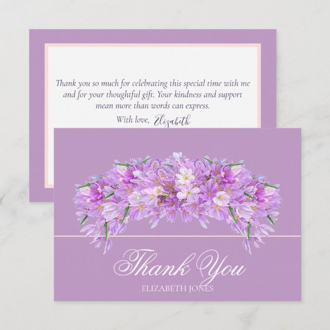 Elegant Chic Purple Crocus Bridal Shower Thank You Card (Front/Back)