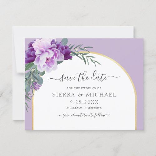 Elegant Chic Purple Floral Gold Arch Wedding Save The Date