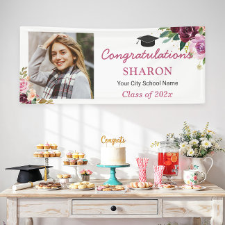 Elegant Chic Purple Floral Photo Graduation Party Banner
