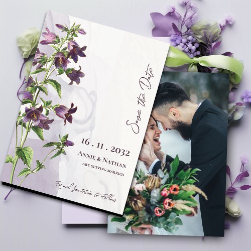 Elegant Chic Purple Floral Photo Script Wedding Save The Date