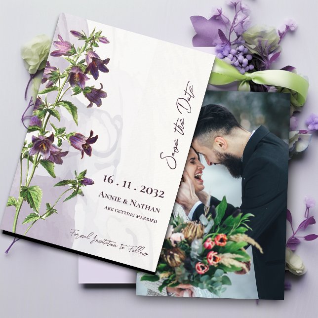 Elegant Chic Purple Floral Photo Script Wedding Save The Date (Elegant Chic Purple Floral Photo Script Wedding Save The Date)