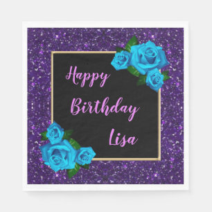 Elegant Chic Purple Glitter Blue Roses Birthday Napkins