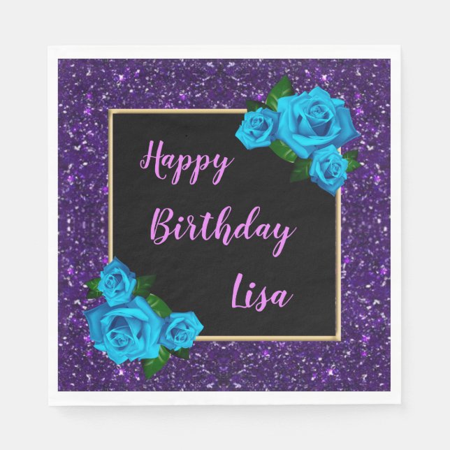 Elegant Chic Purple Glitter Blue Roses Birthday Napkins (Front)