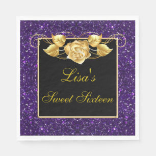 Elegant Chic Purple Glitter Gold Rose Sweet 16 Napkins