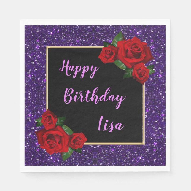 Elegant Chic Purple Glitter Red Roses Birthday Napkins (Front)