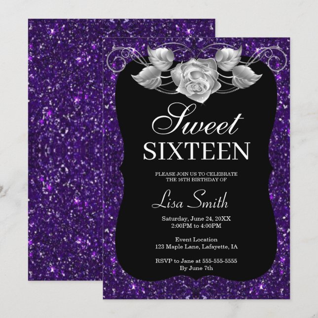 Elegant Chic Purple Glitter Silver Rose Sweet 16 Invitation (Front/Back)