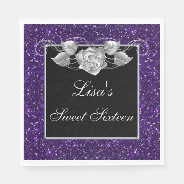 Elegant Chic Purple Glitter Silver Rose Sweet 16 Napkins (Front)
