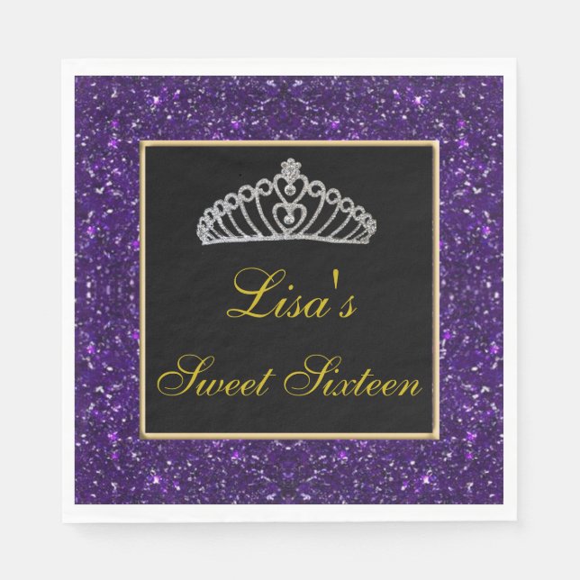 Elegant Chic Purple Glitter Tiara Sweet 16 Napkins (Front)