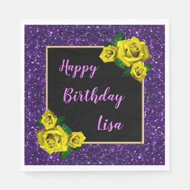 Elegant Chic Purple Glitter Yellow Roses Birthday Napkins (Front)