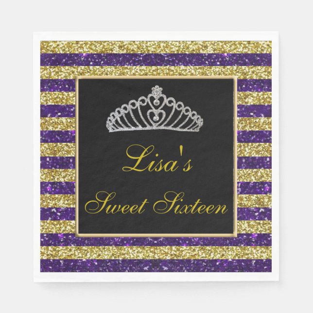 Elegant Chic Purple Gold Glitter Tiara Sweet 16 Napkins (Front)