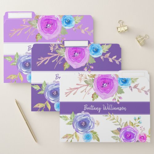 Elegant chic purple pink blue floral watercolor file folder