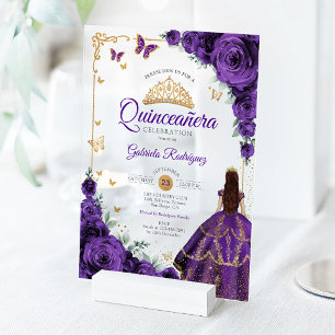 Elegant Chic Purple Roses Gold Quinceanera Acrylic Invitations