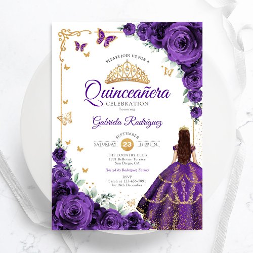 Elegant Chic Purple Roses Gold Quinceanera Invitation