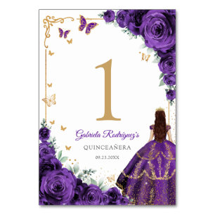 Elegant Chic Purple Roses Gold Quinceanera Table Number