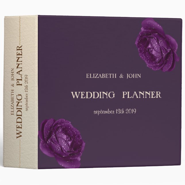 Elegant Chic Purple Roses Wedding 3 Ring Binder (Front/Spine)