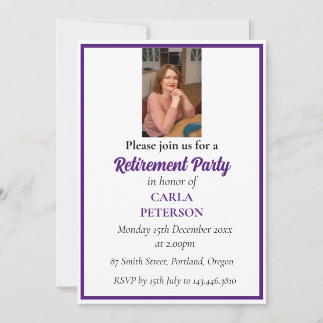 Elegant Chic purple royale Retirement Party Photo Invitation (Front)