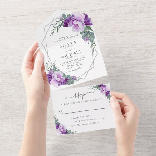 Elegant Chic Purple  Silver Floral Wedding All In One Invitation