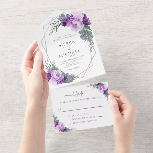 Elegant Chic Purple & Silver Floral Wedding All In One Invitation (Tearaway)
