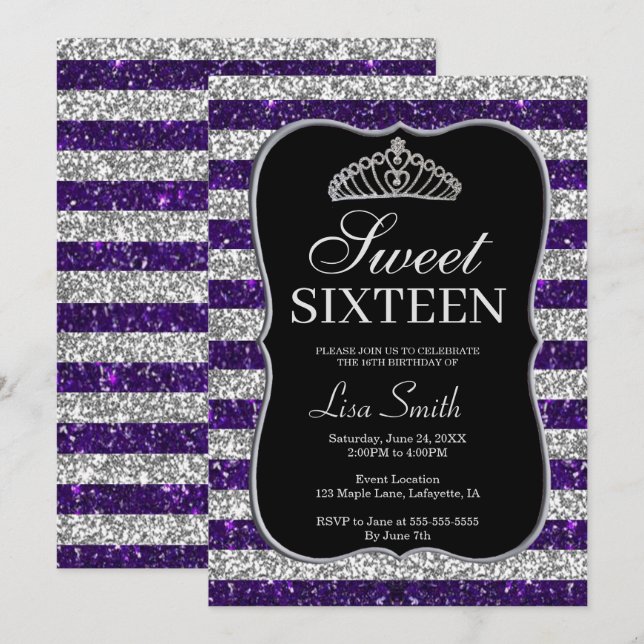 Elegant Chic Purple Silver Glitter Tiara Sweet 16 Invitation (Front/Back)