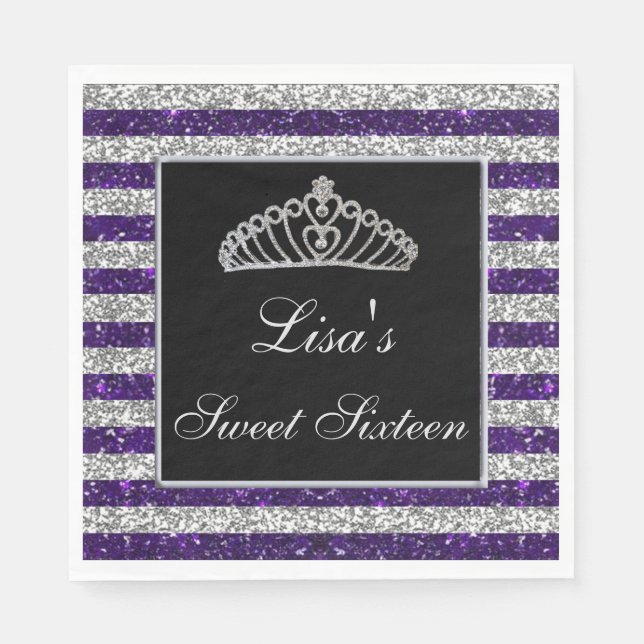Elegant Chic Purple Silver Glitter Tiara Sweet 16 Napkins (Front)