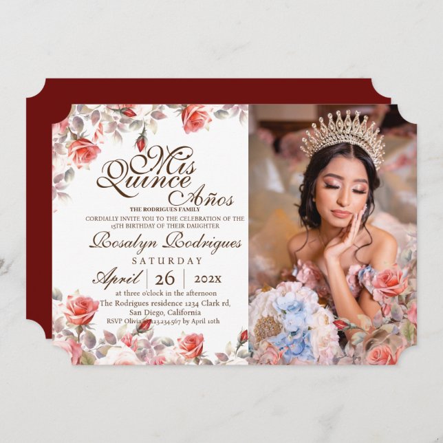 Elegant Chic Quinceanera Red Gold Photo  Invitation (Front/Back)