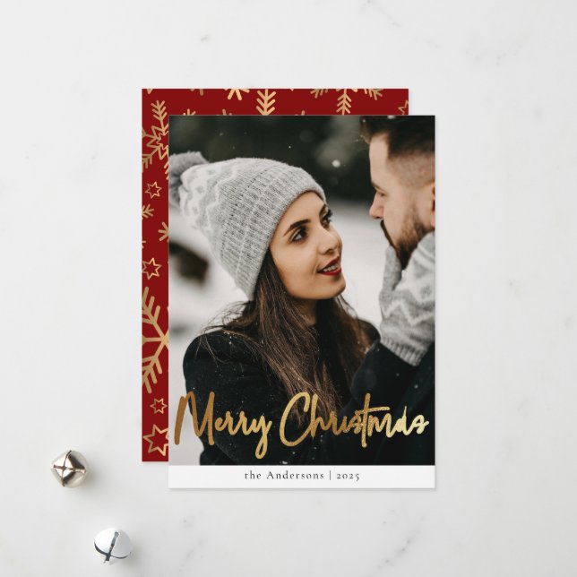 Elegant Chic Red and Gold Christmas Snowflakes Holiday Card (Front/Back In Situ)