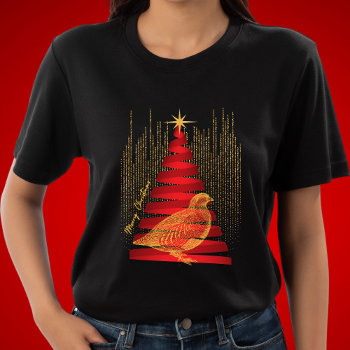 Elegant Chic Red Christmas Tree & Gold Partridge T-shirt by Sozo4all at Zazzle