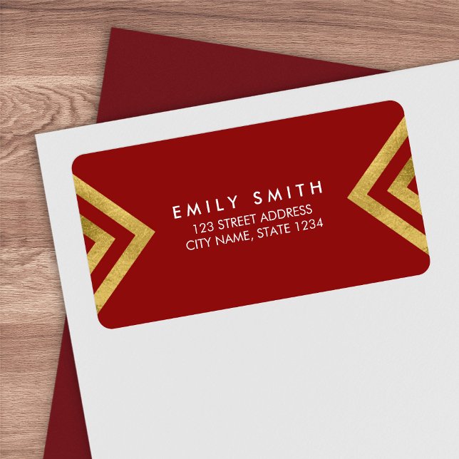 Elegant & Chic Red Faux Gold Geometric Address Label (Creator Uploaded)