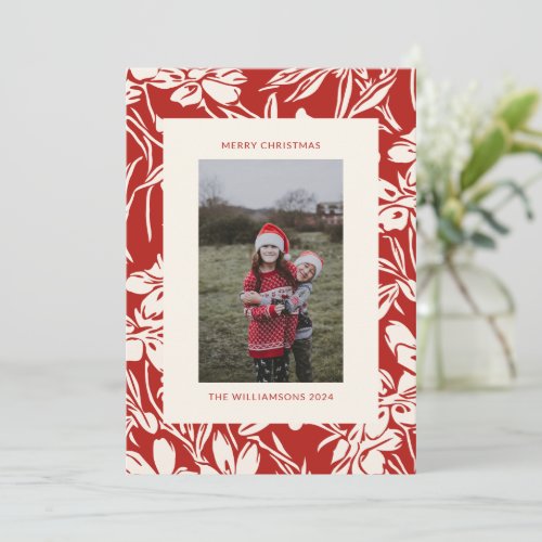 Elegant Chic Red Floral Botanical Christmas Photo Holiday Card