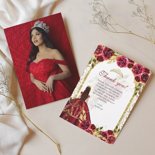 Elegant Chic Red Floral Photo Quinceaera Thank You Card