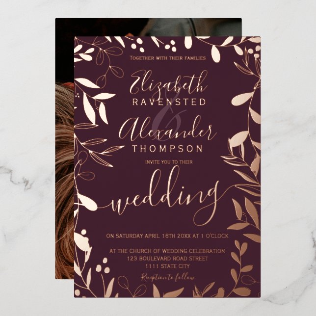 Elegant chic red floral wedding rose gold foil invitation (Front/Back)