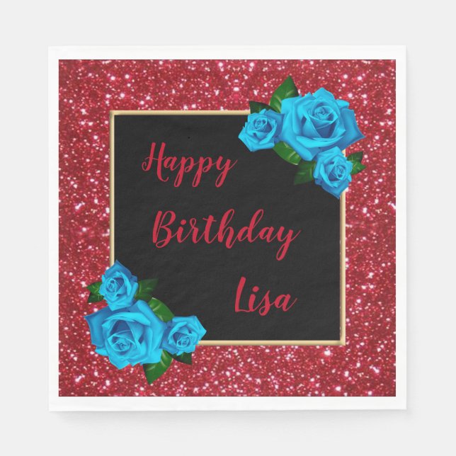 Elegant Chic Red Glitter Blue Roses Birthday Napkins (Front)