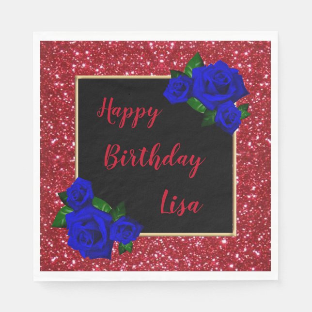 Elegant Chic Red Glitter Deep Blue Roses Birthday Napkins (Front)