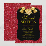 Elegant Chic Red Glitter Gold Rose Sweet 16 Invitation