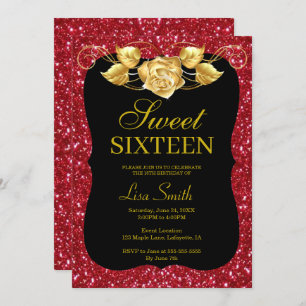 Elegant Chic Red Glitter Gold Rose Sweet 16 Invitation