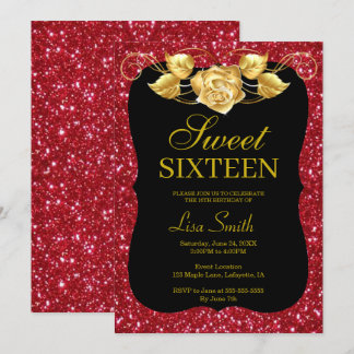 Elegant Chic Red Glitter Gold Rose Sweet 16 Invitation