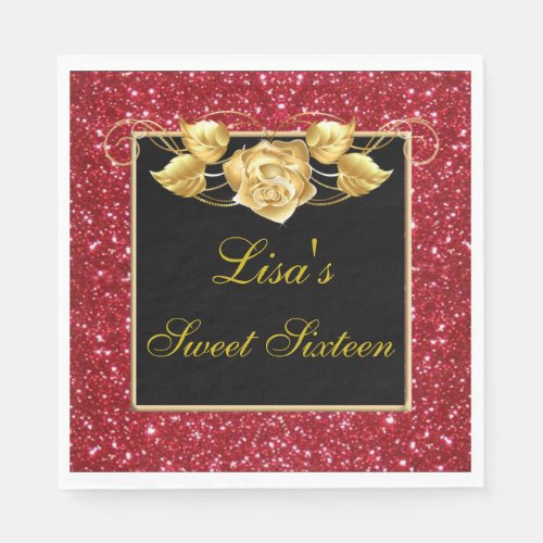 Elegant Chic Red Glitter Gold Rose Sweet 16 Napkins