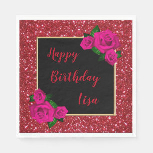 Elegant Chic Red Glitter Pink Roses Birthday Napkins