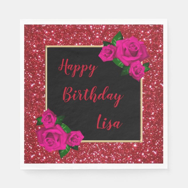 Elegant Chic Red Glitter Pink Roses Birthday Napkins (Front)